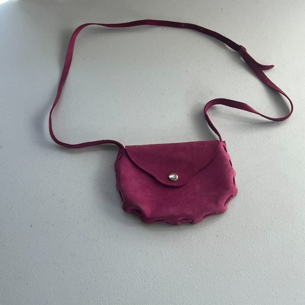 Handmade Nubuck Leather Crossbody Bag Pink Snap Closure Adjustable Strap
